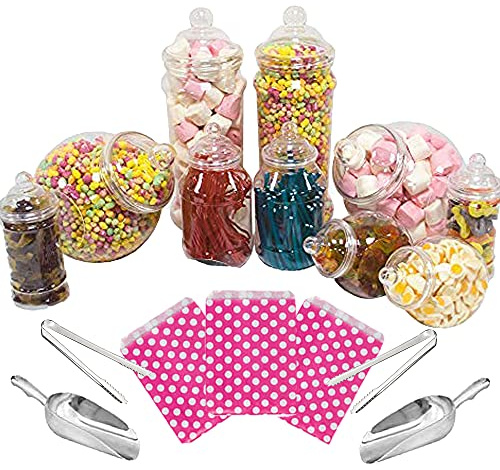 Purple Square 10 Mixed Jar Retro Pick & Mix Victorian Sweet Shop Candy Buffet Kit Party Pack with Scoops, Tongs & Bags - Pink Polka Bags