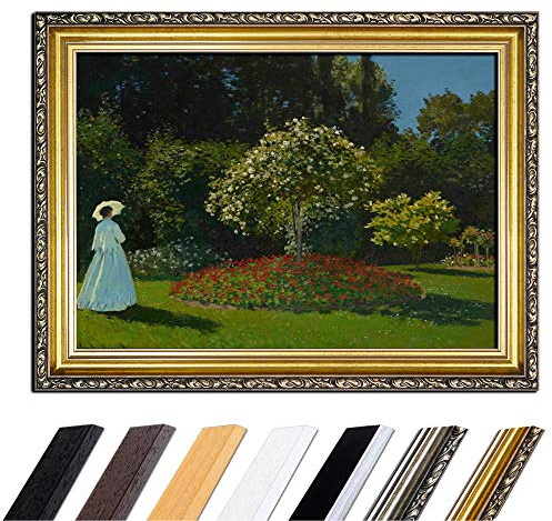 Bilderdepot24 Bild mit Rahmen - Claude Monet Frau im Garten 50x40 cm - Gerahmtes Leinwandbild Alte Meister - Antiker Rahmen Gold Barock, Klassisch