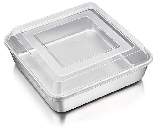 P&P CHEF 8 Inch Square Baking Cake Pan with Lid, Stainless Steel Lasagna Brownie Pan and Plastic Cover for Picnic Wedding Birthday, Healthy & Durable, A Leakproof Pan & A Raised Lid, Dishwasher Safe