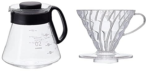 HARIO CD-V60-02 CD Cafetière Range Server V60-02 Microwave-600ml, Glass, 600 milliliters, Black & Hario V60 Plastic V-Shaped Cone Coffee Dripper with Heat Retention, Transparent, 2