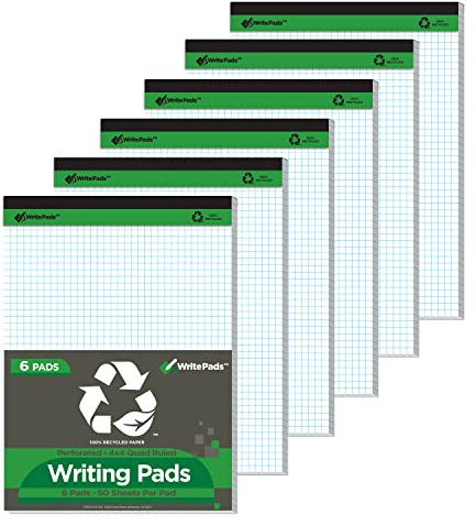 KAISA Graph Paper Legal Pads Writing Pads 6 pad 300 Sheets Recycled Paper 8.5x11.75 Quad Ruled 4x4 Perforated 50sheets/pad Grid Paper Notepads Writing Tablet White For Office Supplies (White 6pad, 8.5x11.75'')