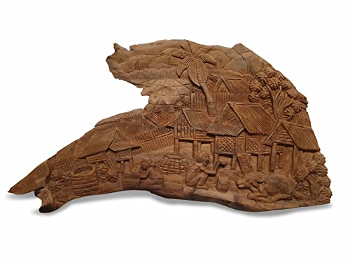Kinaree Wandbild Dorfszene - Schnitzerei Wandrelief Menschen - geschnitztes Dorf mit Menschen - verschiedene Größen - Handgemachte Schnitzerei (Klein)