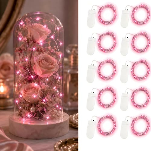 LED Lichterkette Batterie, 10 Stück, 1 m, 10 LEDs, Silberdraht, Rosa | Flexibler Silberdraht, 2 CR2032-Batterien je Strang inklusive, IP65-Lichtdraht für Flaschen, Hochzeit und Weihnachtsdeko