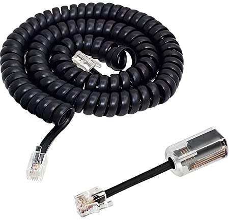 Telephone Handset Curly Cable with Detangler,Black RJ9 4P4C Phone Cord (10 Ft Uncoiled/1.6 Ft Coiled) + Black 360 Degree Rotating Anti-tangle Telephone Cord Untangler,Landline Telephone Accessory