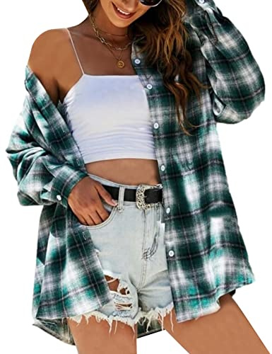 Mingzhu Womens Casual Flannel Plaid Shirts Button Down Long Sleeve Shirts Oversized Buffalo Blouse Tops(0003-WhiteGreen-S)