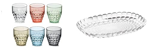 Guzzini SET 6 Bicchieri BAS TIFFANY ASSORTED & Vassoio a Servire Piccolo Tiffany, Trasparente, 32 x 22.5 x h3 cm