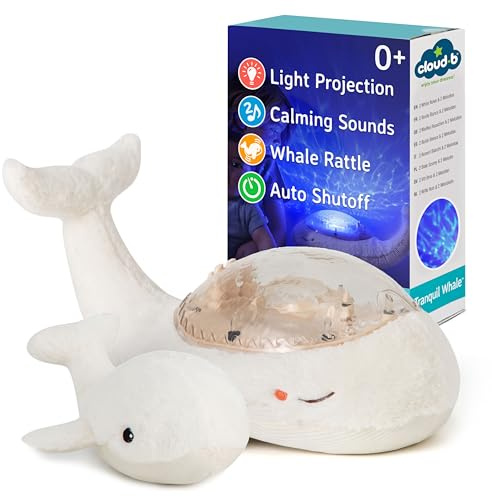 Cloud b Proyector de los Fondos Marinos con luz Relajante y Sonidos apacibles | Brillo Ajustable | Apagado automático | Tranquil Whale Family – Blanco