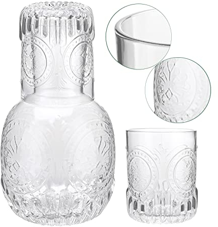 RXMORI 1 Krug 2 Tassen Nachttisch-Wasserkaraffe, dickes Glas, Mundspüler, Vintage-Nachttisch, Glaskaraffe mit Tasse, Glaskrug, Glaswaren-Set