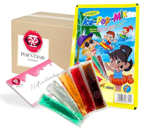 Pere's Candy Bundle für 5 x 400ml Wassereis in Tüten • ice sticks • Eissticks in 5 Geschmacksrichtungen + Pere's Candy Notepad 25 Blatt