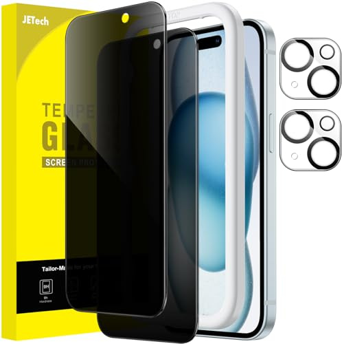 JETech Sichtschutz Schutzfolie für iPhone 15 Plus, 2+2 Stück | Anti-Spy Blickschutz Gehärtetes Glas Schutzfolie, mit Kameraschutz, Einfache Installationshilfe