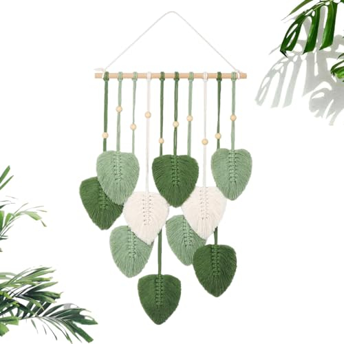 Veiteibe Makramee Wandbehang Handgemacht Wandteppich, Tapisserie Wandteppich Boho Deko, Blatt Feder Wanddeko für Wohnzimmer, Schlafzimmer Grün 40 * 95cm