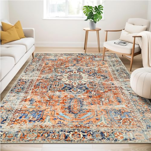 Vintage Teppich 200x300cm, Waschbare Teppiche, Teppiche Wohnzimmer | Boho Teppich,Große Carpet rutschfest, Schlafzimmer, Esszimmer, Büro, Grau,Orange