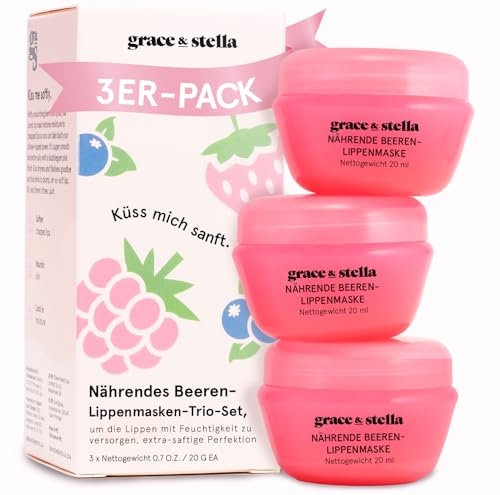 grace & stella Masque Lèvres Primé aux Baies Nourrissant, Hydratant de Nuit pour Lèvres Sèches,Vegan, Cadeaux Anniversaire Femme, Noël, Soins pour les Lèvres (20 ml, Lot de 3)