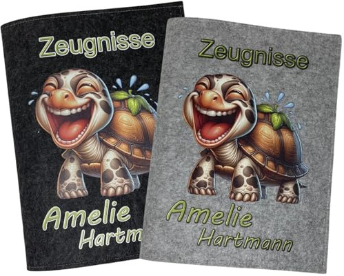 Zeugnismappe mit Namen - Mädchen und Jungen - Personalisiert Filz A4 witzige schildkröte - Dokumenten Urkunden Mappe Kinder - Hefter Zeugnisse - Sichtbuch Grundschule