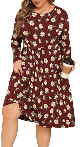POSESHE Women's Plus Size Dresses Long Sleeves Crew Neck Casual Dresses Empire Waist Loose Flowy Dress with Pockets, Red Begonia, 3XL Plus
