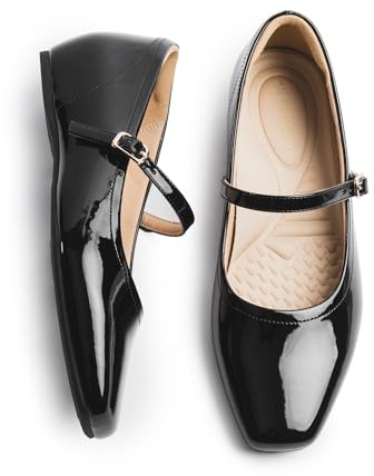 Cusolemore Mary Jane Shoes for Women with Arch Support and Hidden Wedge Heel, Black Patent Flats for Women, Squre Toe Mary Jane Flats, Comfortable Dress Shoes Size 8