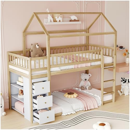 Lubvtti Letto a castello per bambini con 3 cassetti e ripiani,Letto per bambini 90 * 200 cm,Forma a casetta,letto a soppalco basso con scala,con parapetto e base a doghe, Senza materasso,Natura