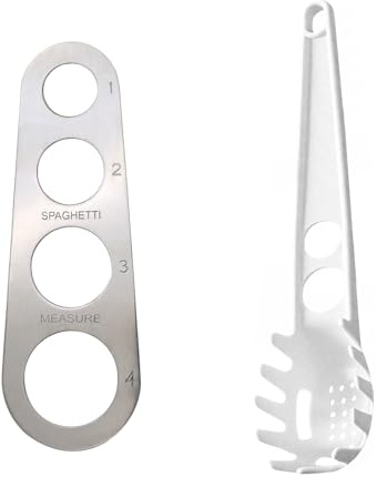 quyueug 2-Piece Spaghetti Spoon & Pasta Measure Tool Set - 4 Portion Holes, Dual-Function, BPA-Free Plastic, Dishwasher Safe, White, Silver