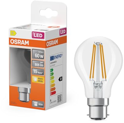 OSRAM Lampe LED forme étoile A60 filament, 2700 K blanc chaud, 5,9 W, B22d, transparente, 806 lm, 15 000 h, pour plafonniers, éclairage général