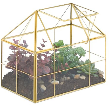Relaxdays Terrario Piante, Mini Serra in Vetro e Rame, HLP 21x23x14 cm, Piantine Grasse e Muschi, Vaso Ecosistema, Oro