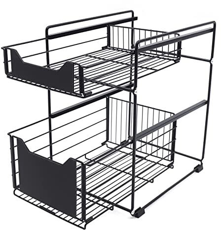 Kanbihao Küchenschrank Organizer Ausziehbar 2 Etagen Unterschrank Organizer Teleskop Schublade Küchenschublade Ausziehbare Korbauszug Schrankauszug Regal 37.4 x 28.2 x 44cm Schwarz