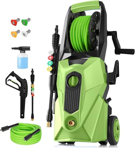 Pressure Cleaner 5000 PSI,2.8 GPM Power Cleaner with Foam Cannon,Portable Cleaner with 33ft Hose Reel,4 Nozzle Tips,and Soap Bottle for Cars/Home/Driveways/Patios/Decks/Fences (Dark Green)