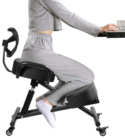 Kniestuhl, Ergonomischer Kniestuhl mit Rückenlehne und 10cm Sitzkiss | Höhenverstellbarer Haltungsstuhl mit Feststellrä-dern für das Homeoffice, Haltungskorrekturhocker