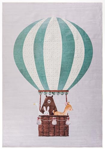 Mazovia Spielteppich Kinderzimmer 140x200cm Creme Grün Ballon Pflegeleicht | Kinderteppich für Schlafzimmer Spielzimmer Mädchen/Jungen Beige Maschinenwaschbar Rutschfest Allergikerfreundlich Kurzflor