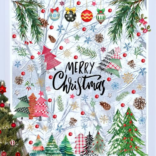 FOSDICK Lot de 9 Autocollant Noël Fenêtre, Stickers Fenetre Noel Electrostatique PVC, Vitrophanie Noel Sapin Boules Aiguilles de Pin, Decoration Noel Vitre Nouvel An Noël pour Vitre Vitrine Porte Hive