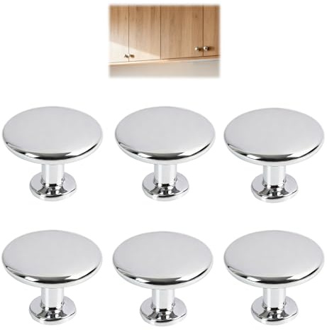 pawpoem 6 Pack Cabinet Knobs, 28mm Round Drawer Wardrobe Handles, Stainless Steel Chrome Finish Furniture Pull Knobs, for Kitchen Cupboards Wardrobes Cabinets Dressers and Drawer Replacement