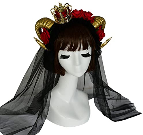 HINAYOSAN Kvinnor ros oxhorn huvudbonad blomma slöja horn pannband för halloween fest för kreativa gotiska håraccessoarer spets ros pannband