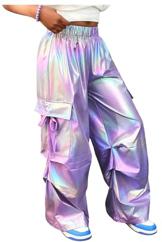 WDIRARA Girl's Metallic Elastic Waist Cargo Pants Baggy Parachute Pants Streetwear Mauve Purple 10Y