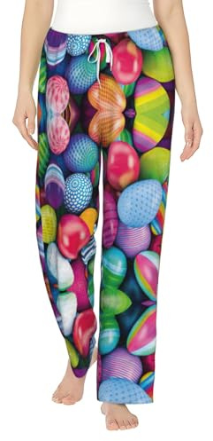 SABFWF påskägg tryck mjuka varma flanellpyjamasbyxor för kvinnor, perfekt för jul och vardagskomfort, Svart, XL