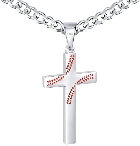 Avotto Silver Baseball Cross Necklace for Men Boys,Baseball Drip Cross Pendant Necklace First Communion Baptism Easter Stuff Gifts for Teen Boy Teenage Kids Christian Valentines Jewelry Gifts 18inch
