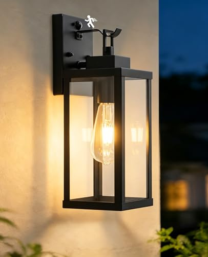 FTL Außenlampe mit Bewegungsmelder, Mattschwarz 3 Beleuchtungsmodi Wandlampe Laterne Aussen, Industrial Außenwandleuchten mit Bewegungsmelder, E27 Ausenbeleutung Hauswand für Veranda, Eingang, IP44