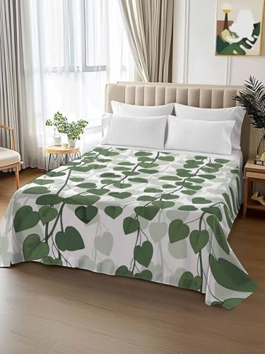 Top Sheet Twin Bedding Flat Sheet Only, Spring Plants Ivy Microfiber Bed Sheets Soft Breathable Bedding Flat Sheets, Green Heartleaf Philodendron Hotel Luxury Top Sheets