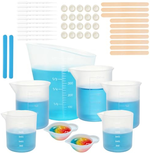 8 Pièces Tasses en Silicone pour Resine Epoxy,Tasses à Mesurer Silicone Set | 15ml/30ml/100ml/250ml/500ml Mesurer en Silicone avec Gradué,Réutilisable Verres Doseur Silicone pour Bricolage,Laboratoire