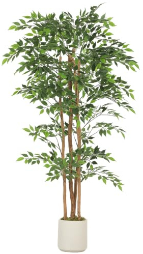 HOMCOM Pianta Artificiale di Baniano Rami Orientabili 75x75x180 cm Bianco | Vaso Contenitore in PP e Cemento, Pianta Verde in PEVA e Legno, per Interno Ufficio Soggiorno Camera da Letto