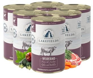 Lakefields Premium Hundefutter Nass | Rind 61% | 6 x 400g | Getreidefreies Nassfutter für Hunde | Natürliche Zutaten in Lebensmittelqualität | Äpfel, Zucchini & Karotten | Schonend gegart