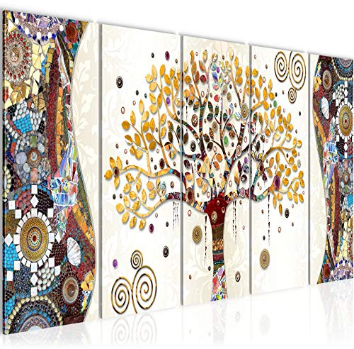 Runa Art Bilder Gustav Klimt - Baum des Lebens Wandbild 200 x 80 cm Vlies - Leinwand Bild XXL Format Wandbilder Wohnzimmer Wohnung Deko Kunstdrucke Braun 5 Teilig - MADE IN GERMANY - 004655a