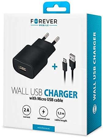 Forever Ladegerät USB Port mit 1.2 m Lange Micro USB Ladekabel, Netzteil für iPhone Geräte, Lade Adapter, Steckdosenadapter Wandladegerät Fast Charge (Schwarz)