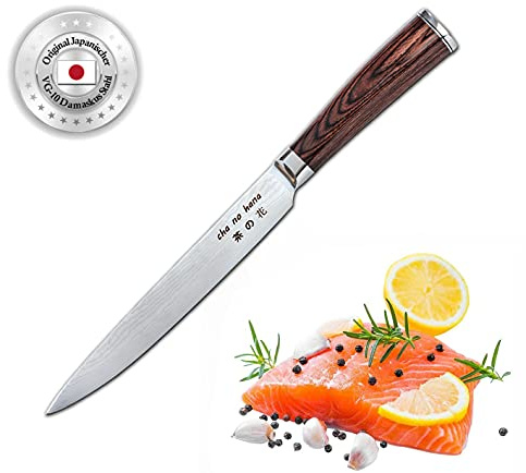 ChaNoHana Damast Sashimi-Messer mit Echtholz Pakkagriff | VG10 Damaststahl-Klinge 20cm 67 Lagen | Filetiermesser für Fisch und Fleisch | Küchenmesser | Kochmesser | Japan-Messer