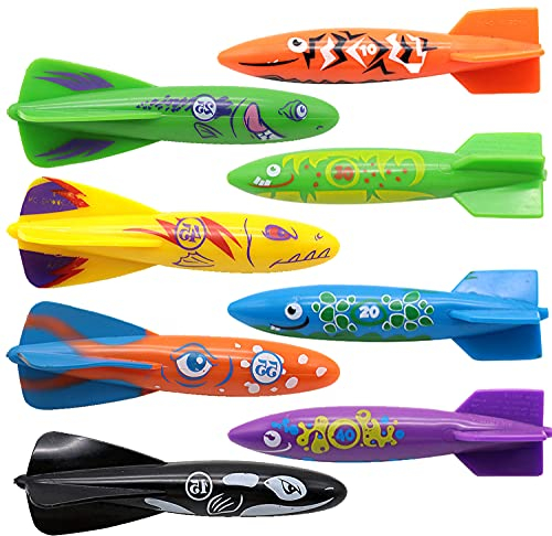 Carykon 8 Stück Tauchspielzeug Unterwasser Schwimmbad Spielzeug Gleitender Hai Werfen Torpedo