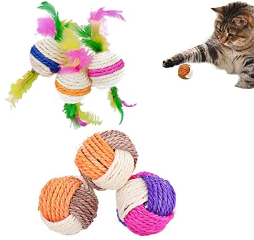 Voarge Sisal Seilball, Katze Sisal Ball, Katzenspielzeug Bälle, 6PCS Sisal Ball Katze,KatzenSpielzeug für den Innenbereich,Interaktive Haustier Katzen Spielzeug Bälle mit Feder