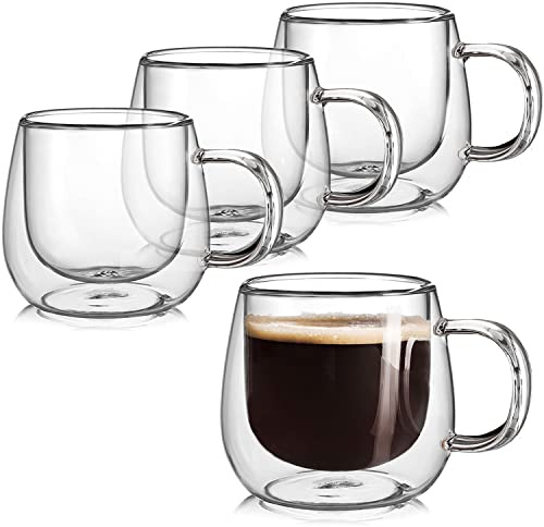 BNUNWISH Double Wall Glass Coffee Mugs 10oz Set of 4 Insulated Clear Tea Cups with Handle, Perfect for Espresso, Latte and Cappuccinos