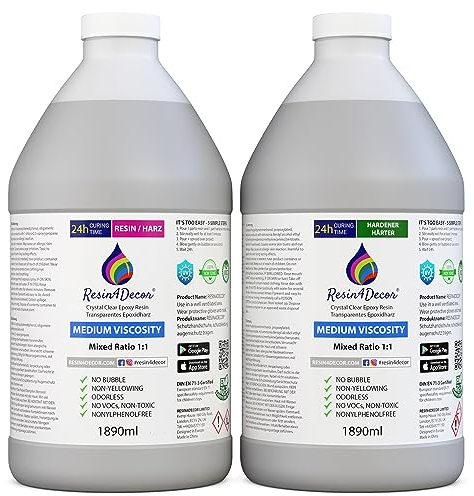 Epoxidharz set RESIN4DECOR 1:1 Gießharz Epoxy Resin Klebstoff für Kunsthandwerk Schmuck Formenbau Gusskristallklarer Vergilbungsfrei Ungiftig Hochglanzfinish 24 St Aushärtungszeit Geruchlos 3780ml