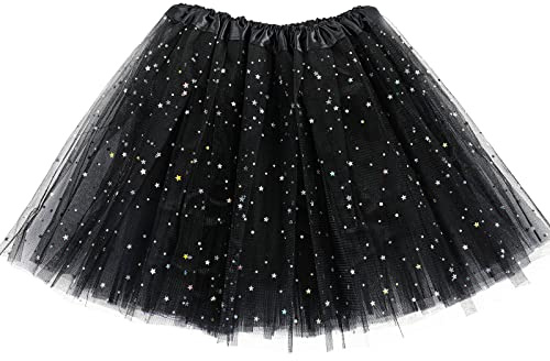 Yolev Tutu Dam 3-lagers tyllkjol med paljetter stjärnor vuxen tonåring tutu retro 80-talets fest halloween karneval kostym, svart, one size
