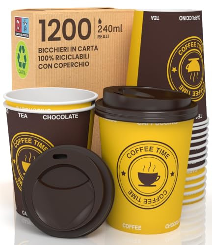 Baciato Caffè 1200 Gobelets en Carton 240ml Ecologiques Biodégradables Jetables Boissons Chaudes à Emporter Colorées à l'Eau + 1200 Couvercles avec Bec verseur
