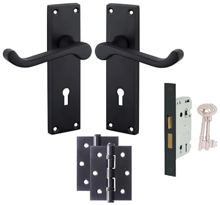 Golden Grace Victorian Scroll Door Handles Matt Black Lever Lock, 150mm | Includes a 3-lever lock with 3 keys and a pair of 3-inch ball bearing hinges for immediate, secure setup.