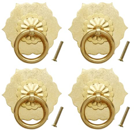 Unlorspy 4 Stück Antik-Messing-Ringgriffe in Blumenform, Schrankknöpfe, Schubladengriffe mit Schrauben für Möbel, Schrank, Schubladen, Kommode (Ringgröße: 35 mm, sechseckige Blume, Messing)
